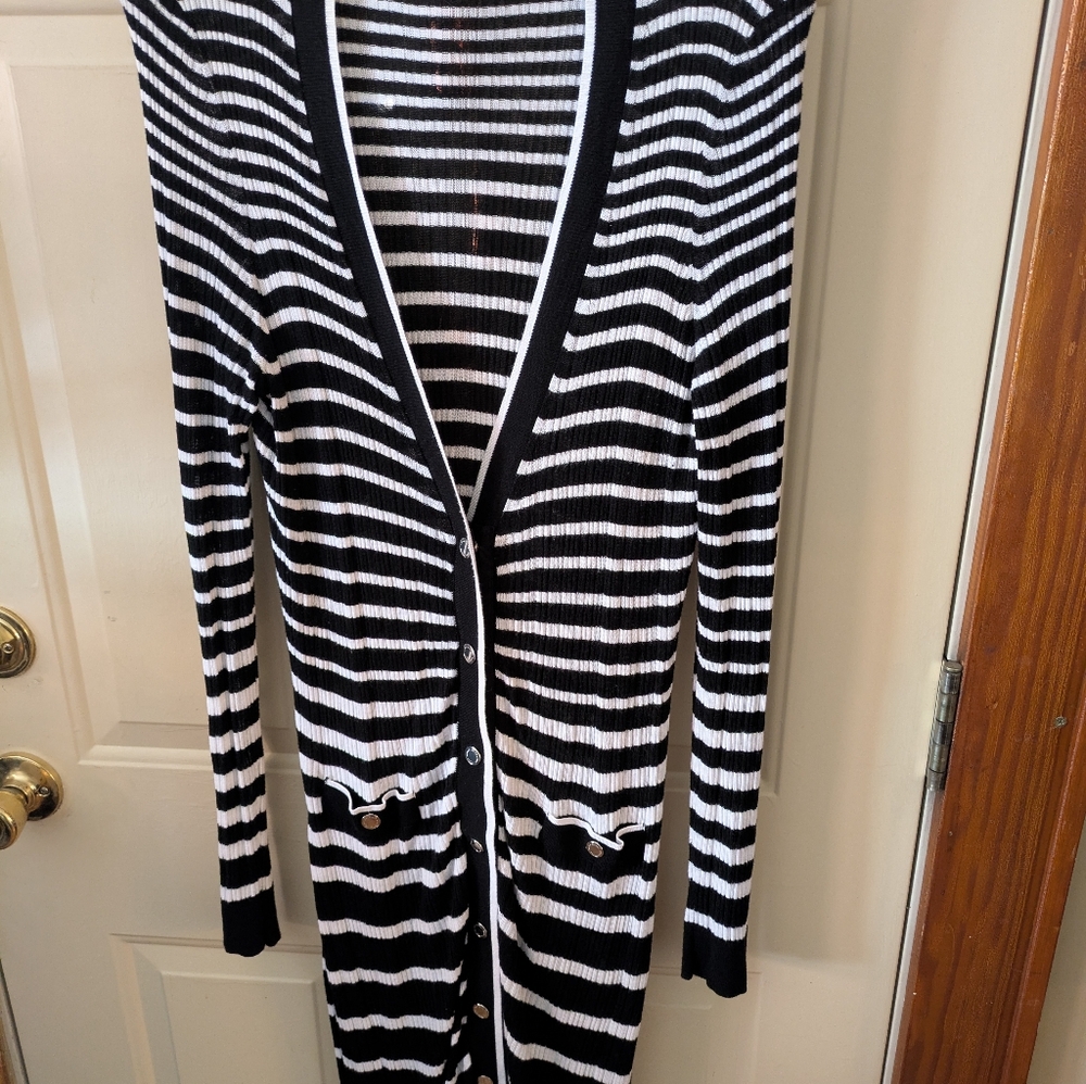 WHBM Black and White Ribbed Striped Long Cardigan